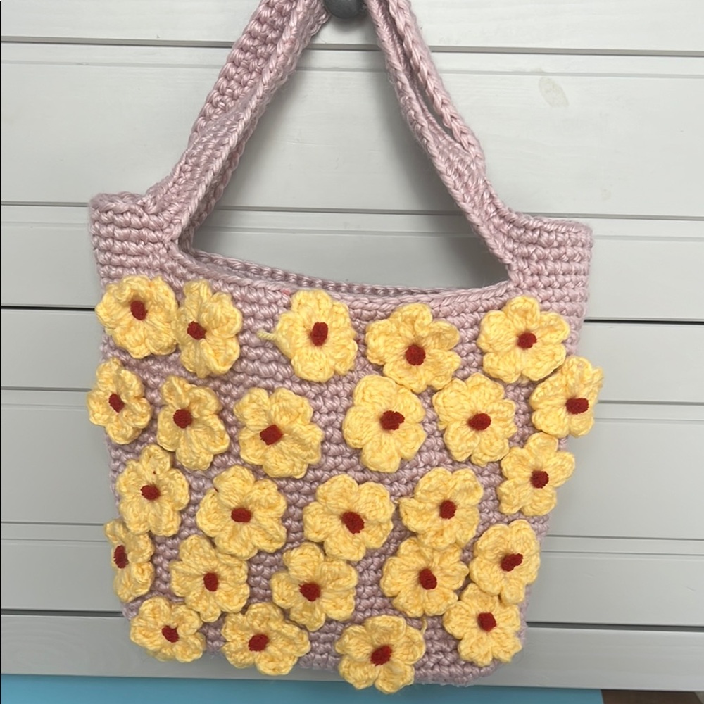 Pink and Yellow Crochet Tote with Floral Accents